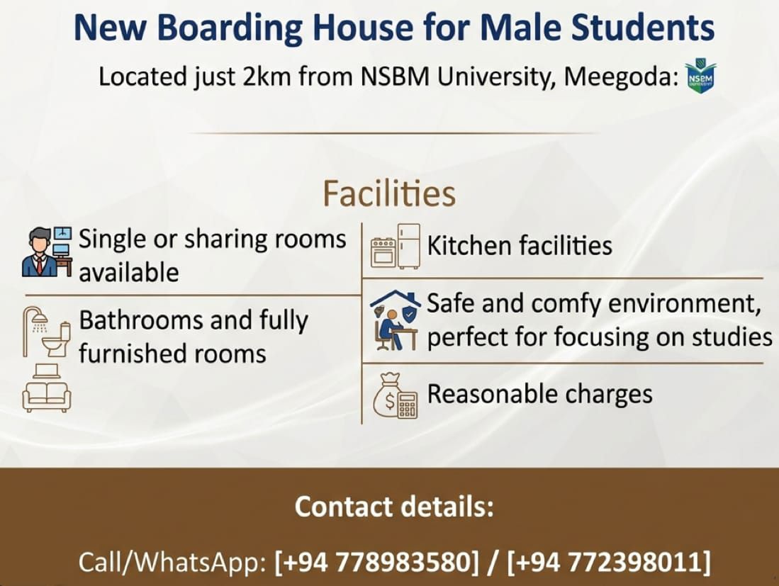 Boarding rooms available for NSBM students from April