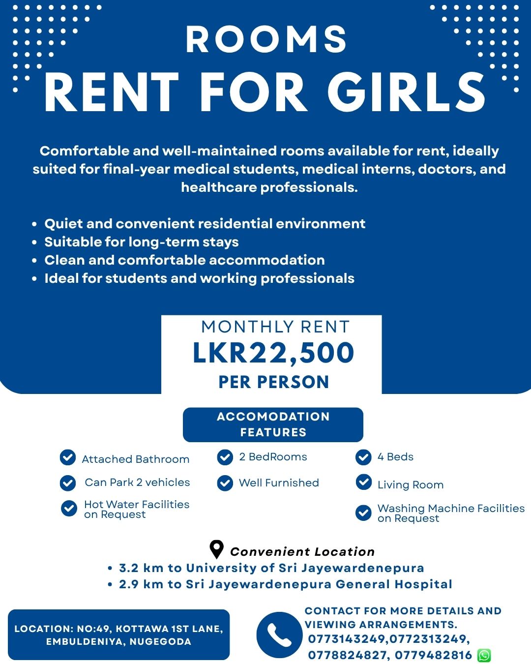 Rooms for Rent for Girls – Embuldeniya, Nugegoda