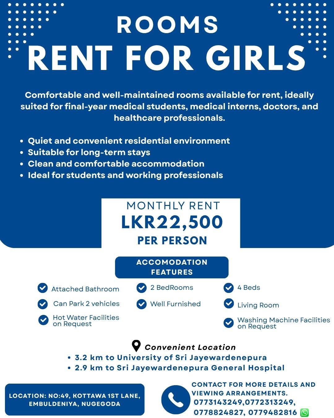 Rooms for Rent for Girls – Embuldeniya, Nugegoda